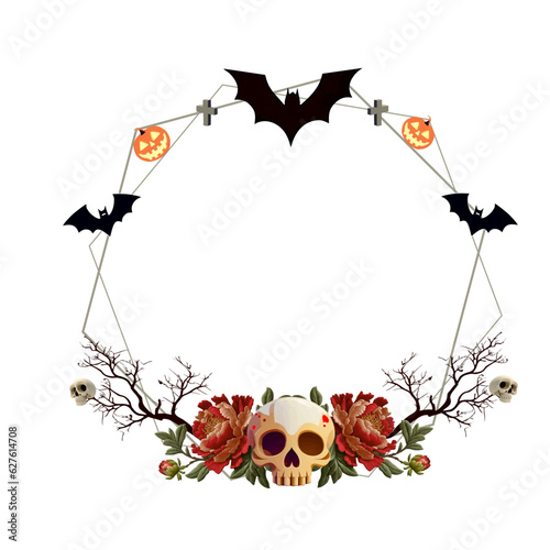 Cute frame in Halloween style. Happy Halloween round frame in bohemian style. Holiday design symbols of pumpkin, jack-o-lantern, skull, red roses, bats.