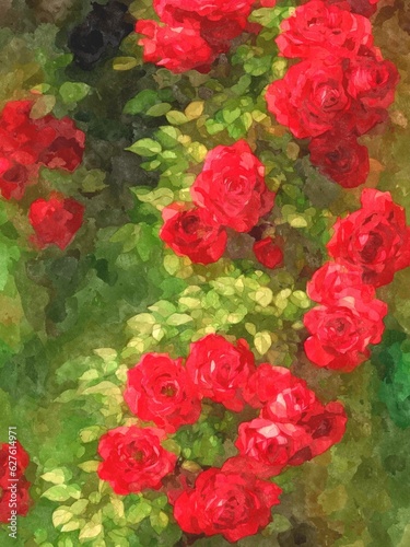Red roses with green leaves ai art