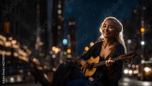 African american woman playing guitar in the city at night. Smiling. Blurry nigh city background.