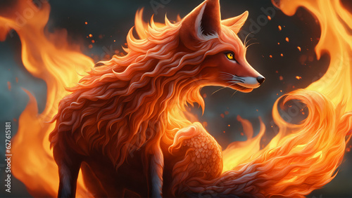 3D cute fox surround by flame, fantasy