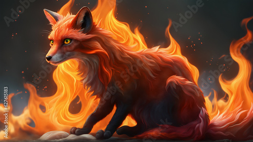 3D cute fox surround by flame, fantasy