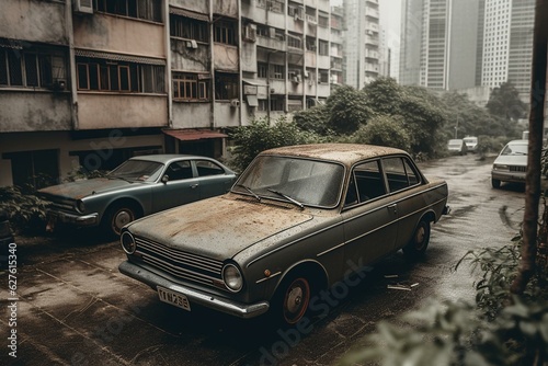 Old car in new city amidst skyscrapers. Generative AI © Niam