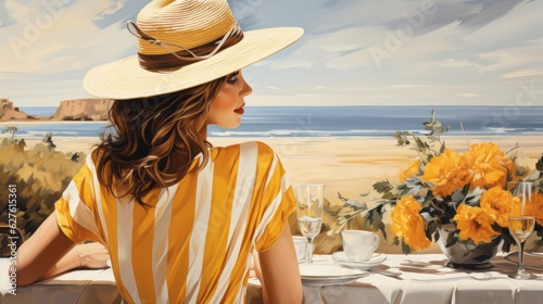Beautiful woman in a sun hat enjoying the European beach