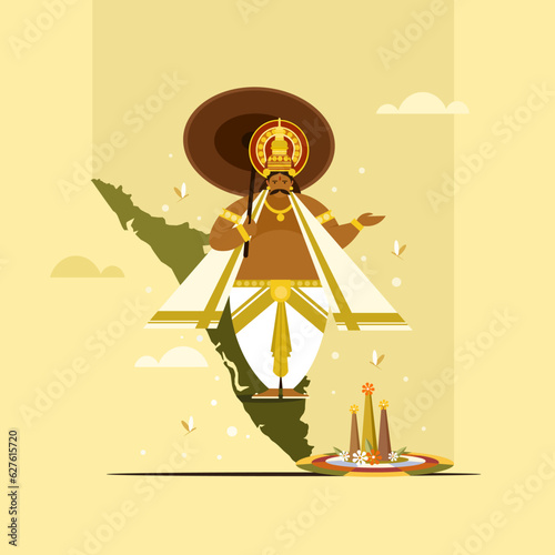 Illustration of King Mahabali with umbrella standing in Kerala. Onam is a harvest festival in Kerala, India.