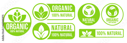 Set 100% Natural and organic Product Vector Icon Circle Sign. Healthy Food Emblem. Organic food Badge.	