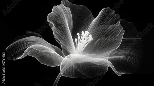 Monochrome x-ray image of a ethereal flower on black. Fantasy mystical blossom. Generative AI