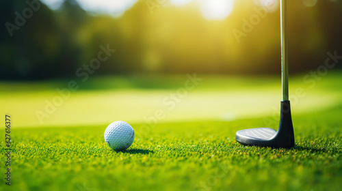 Golf club and golf ball on green grass background. Blurred backdrop. Outdoor sport on a sunny day. Generative AI