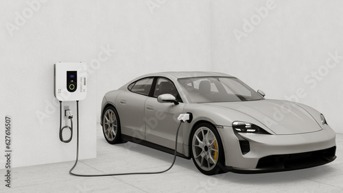 3D illustration ev car porsche taycan gts with wall charger