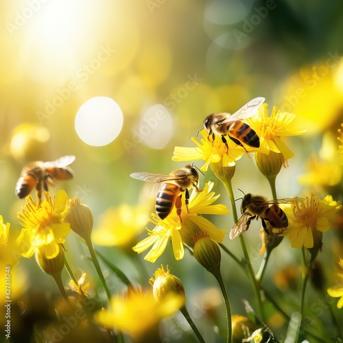 Bee and flower. Close up of a large striped bee collects honey on a yellow flower on a Sunny bright day. Macro horizontal photography. Summer and spring backgrounds