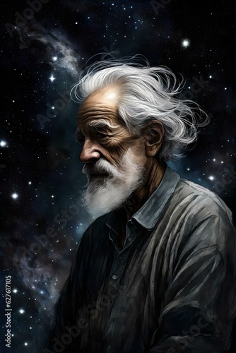 An illustration of a God-like old man. He is looking into the darkness of the cosmos, emptiness, dark, universe.