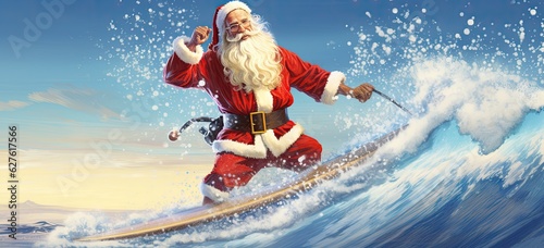 Santa Claus surfing on wave, Hawaiian surfboard, holiday. Concept of Christmas celebration in tropical paradise.