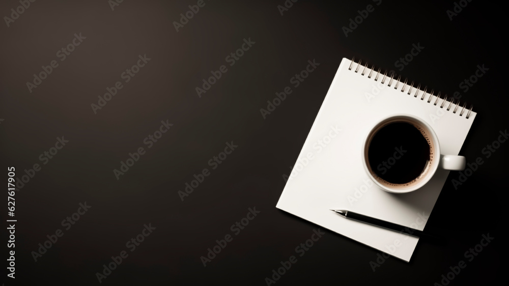 Coffee cup, pen and notepad on black background with copy space. Coffee cup, pen and notepad on black background with copy space.