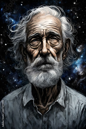 An illustration of a God-like old man. He is looking into the darkness of the cosmos  emptiness  dark  universe.