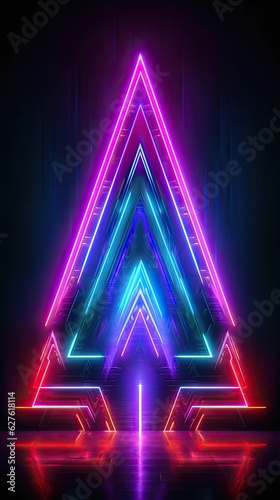 An abstract neon stage featuring glowing tetrahedrons suspended in mid-air, creating an otherworldly and surreal atmosphere. Abstract futuristic neon light background. Generative AI