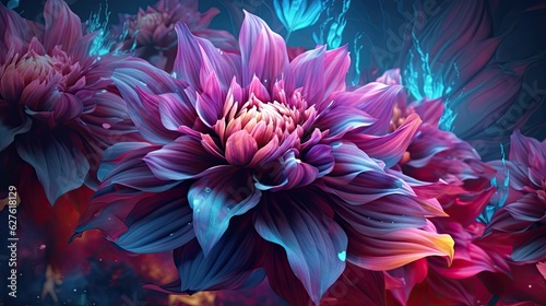 Dahlia flowers in futuristic floral background. Beautiful blooming design. Generative AI