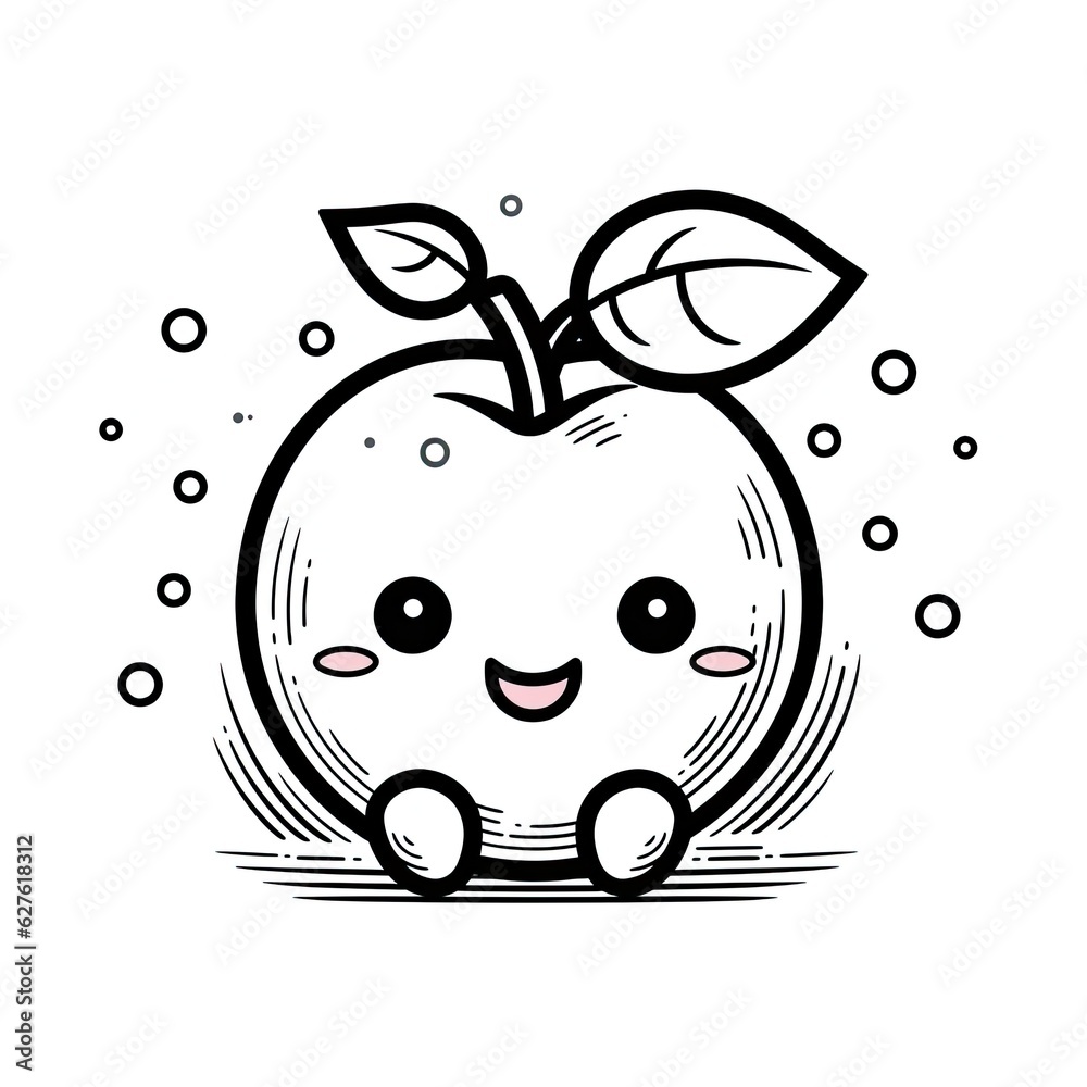 Kawaii style Apple fruit character in coloring page style illustration. Line art painting. Generative AI Kawaii style Apple fruit character in coloring page style illustration. Line art painting. Generative AI