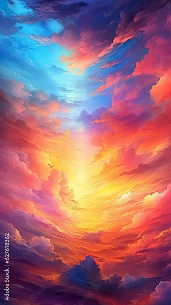 An abstract sunset sky with fiery hues and wispy clouds, imbuing a sense of warmth and tranquility. Colorful illustration art. Generative AI