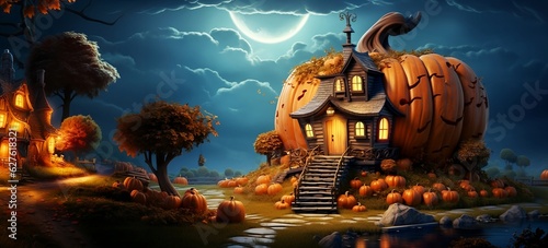 Autumn or Halloween concept with pumpkin house, 3d illustration cartoon style, generative AI © FEBRIA