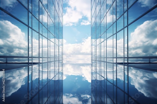 Reflective skyscrapers, business office buildings. Low angle photography of glass curtain wall details of high-rise buildings. The window glass reflects the blue sky and white clouds. Generative AI