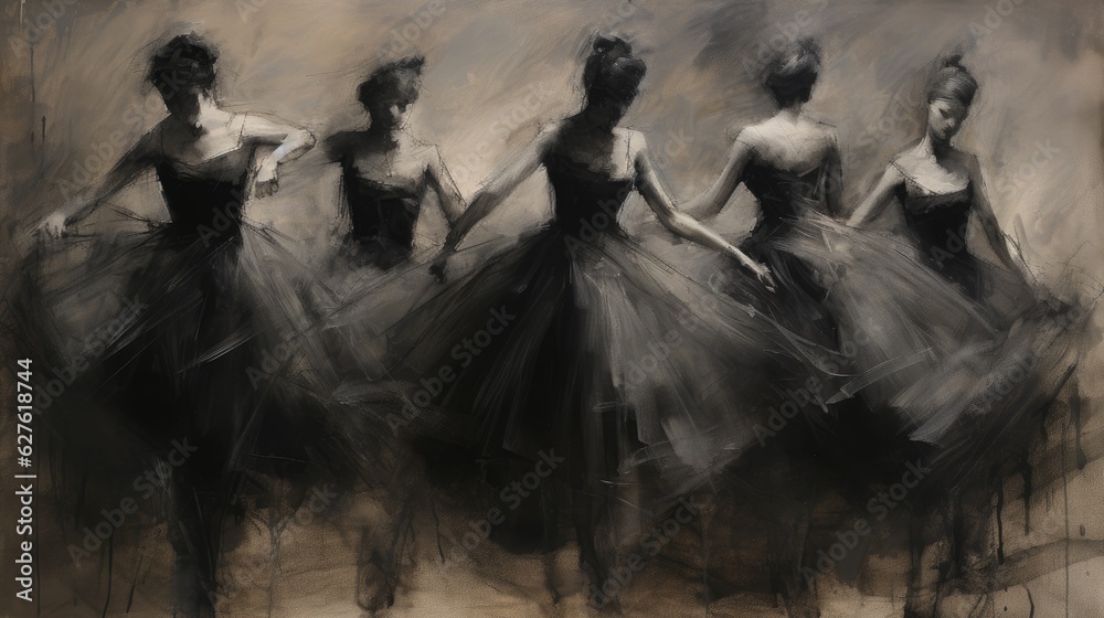 Charcoal drawing of dancing ballerinas.