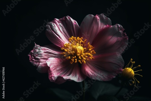 Big pink blossom  yellow center  dark backdrop. Generative AI