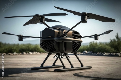 An advanced autonomous device for aerial surveillance and delivery. It has a sleek design with multiple rotors. Generative AI