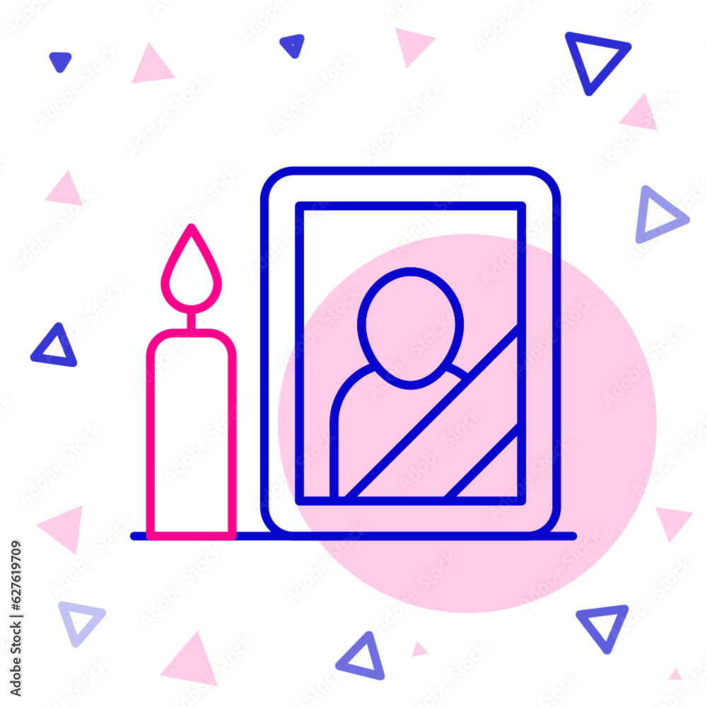 Line Mourning photo frame with black ribbon icon isolated on white background. Funeral ceremony and condolence card layout. Colorful outline concept. Vector Line Mourning photo frame with black ribbon icon isolated on white background. Funeral ceremony and condolence card layout. Colorful outline concept. Vector
