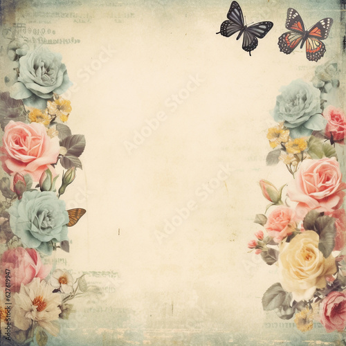 vintage background with frame and roses with beautiful butterfly