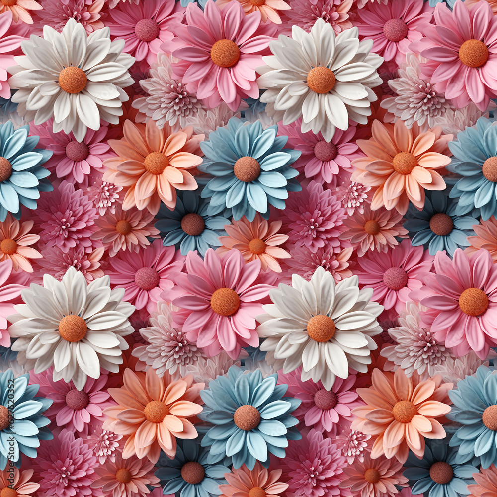 Seamless pattern with 3D pastel flowers. Floral background design for cosmetics, perfume, beauty products. Can be used for greeting card, wedding invitation, craft paper, wrapping


