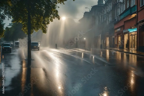 Torrential rain and sunlight on the street