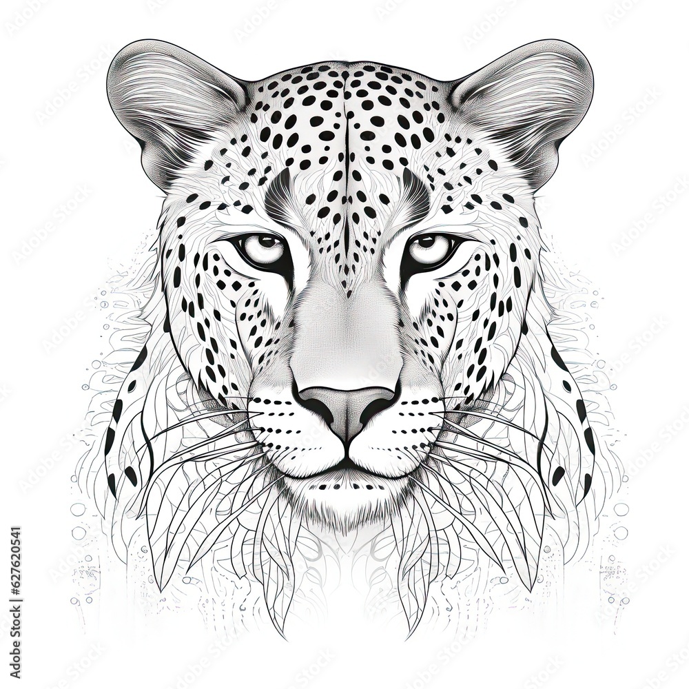 Cheetah animal line art illustration. Black and white coloring page style art. Generative AI