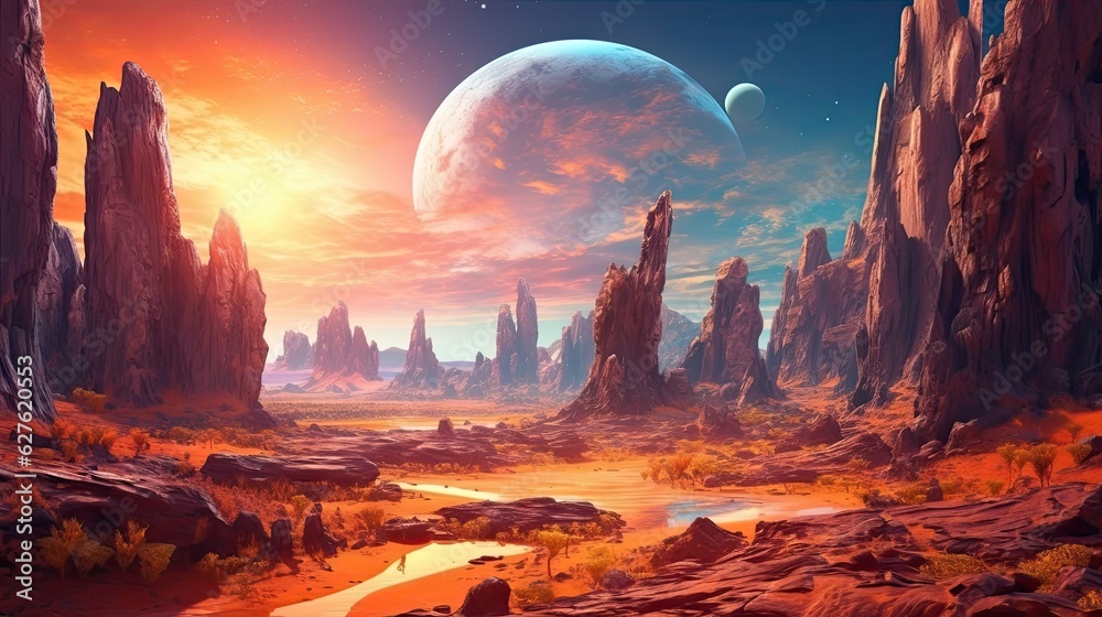 An otherworldly alien planet with strange rock formations and a double sun. Colorful illustration art. Generative AI