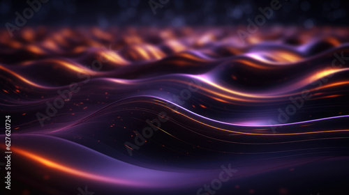 abstract blue and purple wavy background with glowing lines and bokeh effect. created with generative AI technology.