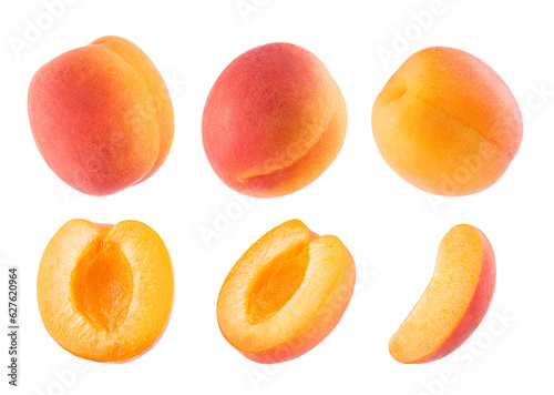Ripe orange apricot with pink side -  set, whole and cut on half, slice, different sides, closeup, details, isolated on white background. Summer fresh natural fruits as design elements.