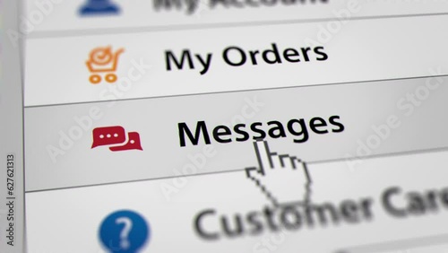 Animated Mouse Cursor Clicking Messages Button on Website. Fictitious Data Created Exclusively for This Concept Footage
