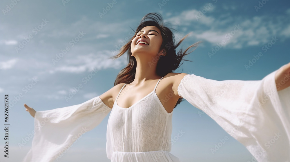In utter delight, the youthful and attractive woman in lingerie lifts her arms, revealing her sleek underarms with an endearing smile against the open blue sky. Generative AI. In utter delight, the youthful and attractive woman in lingerie lifts her arms, revealing her sleek underarms with an endearing smile against the open blue sky. Generative AI.