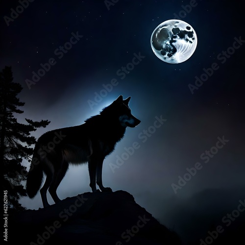 Howling of wolf towards the moon in a dark night  © crescent