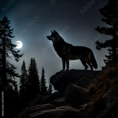 Howling of wolf towards the moon in a dark night 