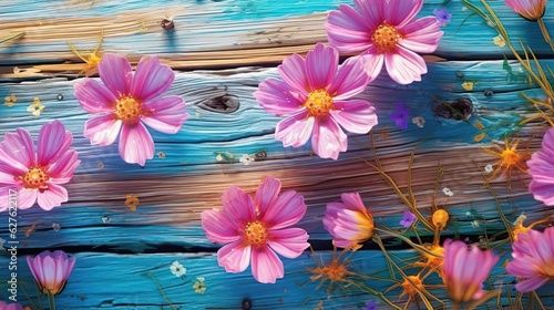Cosmos flowers on wooden planks background. Beautiful blooming plants. Generative AI