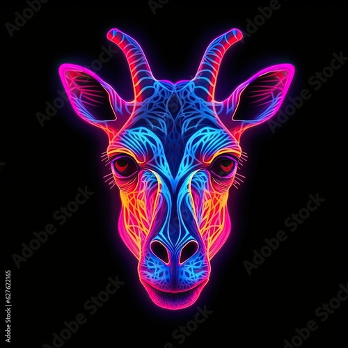 Cute Giraffe animal in neon style. Portrait of glow light animal. Generative AI