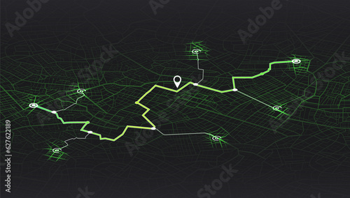 Futuristic Route Dashboard GPS Map Tracking: Cutting-edge Technology for Navigation and Tracking Routes. Pick up taxi. Passenger location sharing for driver. City top view. Vector Illustration.