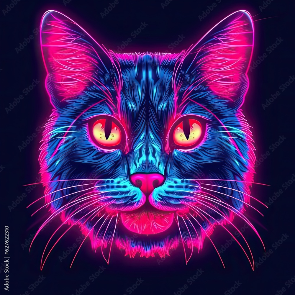 Cute Chartreux cat animal in neon style. Portrait of glow light animal. Generative AI Cute Chartreux cat animal in neon style. Portrait of glow light animal. Generative AI