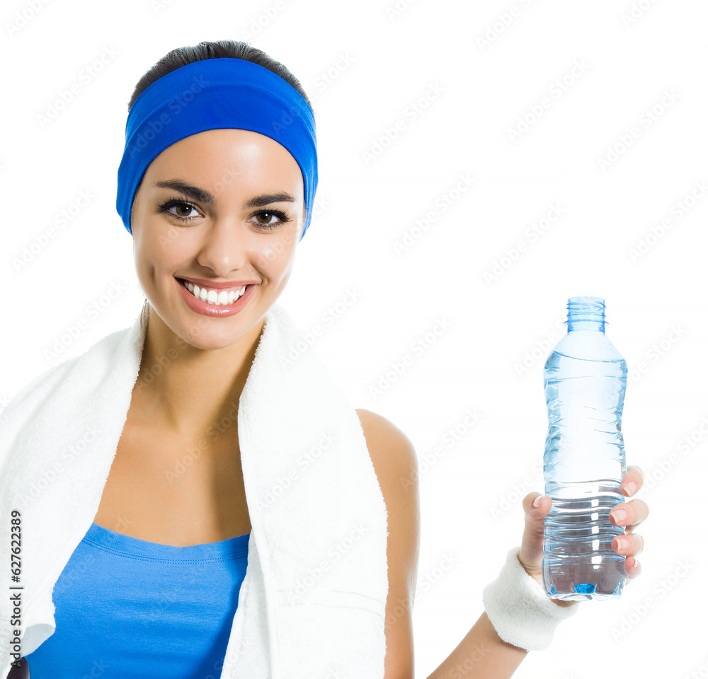 Portrait of cheerful young attractive woman in fitness wear drinking water, isolated over white background Portrait of cheerful young attractive woman in fitness wear drinking water, isolated over white background