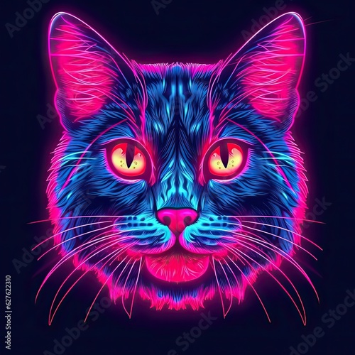 Cute Chartreux cat animal in neon style. Portrait of glow light animal. Generative AI © tanyastock