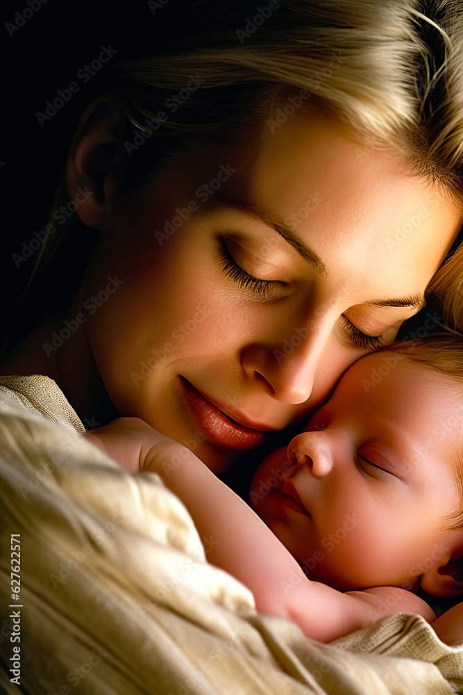 A woman holding a baby in her arms. Close up.