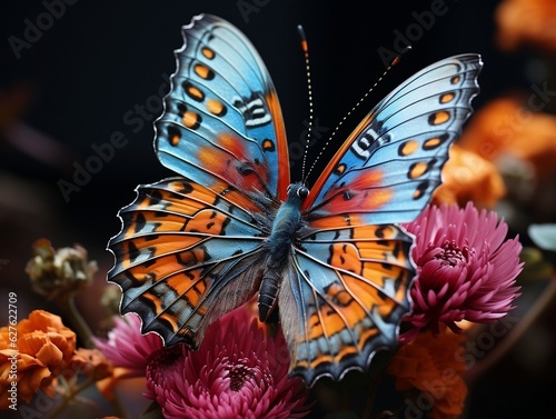 Macro insect photography capturing the delicate beauty of a colorful butterfly perched on a blooming flower generative ai