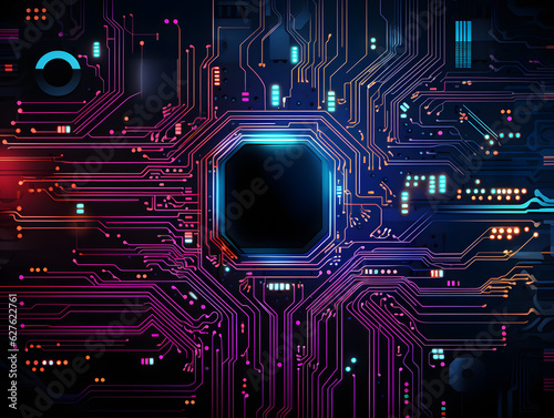 Background - tech style with Orange, pink, purple, blue and black elements, abstract, flat design, minimalistic, illustration. - Generative AI