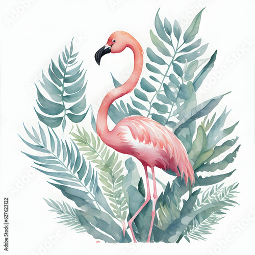 pink flamingo on white background watercolor artwork