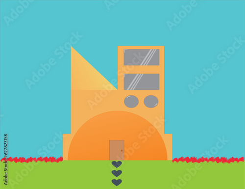 Illustration of a small house and unique house front view.