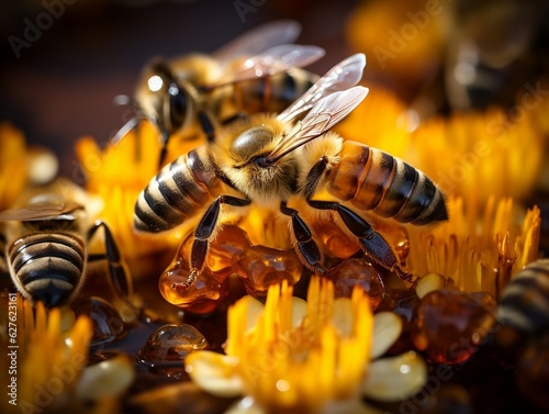 A captivating macro view of a busy beehive, with worker bees tirelessly collecting nectar from a variety of flowers generative ai © Generative Ai